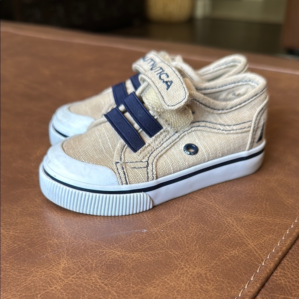 Nautica Tan and Blue Canvas Sneakers with White Sole
